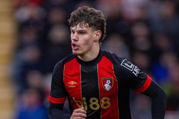 BOURNEMOUTH, ENGLAND - Saturday, February 1, 2025: AFC Bournemouth's Milos Kerkez during the FA Premier League match between AFC Bournemouth and Liverpool FC at Dean Court. Liverpool won 2-0. (Photo by David Rawcliffe/Propaganda)