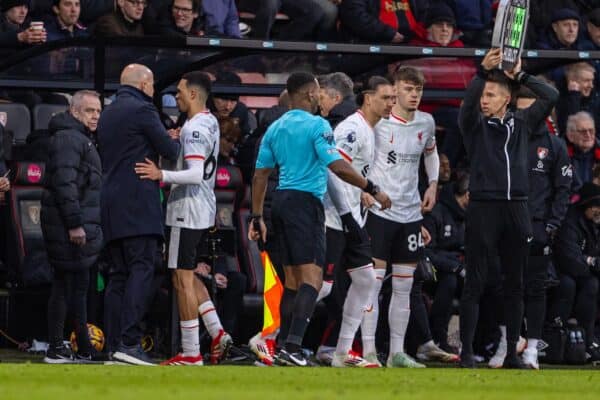 BOURNEMOUTH, ENGLAND - Saturday, February 1, 2025: Liverpool's Trent Alexander-Arnold comes off with an injury during the FA Premier League match between AFC Bournemouth and Liverpool FC at Dean Court. Liverpool won 2-0. (Photo by David Rawcliffe/Propaganda)