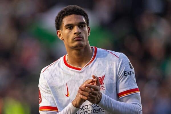 PLYMOUTH, ENGLAND - Sunday, February 9, 2025: Liverpool's Jarell Quansah applauds the supporters after the FA Cup 4th Round match between Plymouth Argyle FC and Liverpool FC at Home Park. Plymouth won 1-0. (Photo by David Rawcliffe/Propaganda)