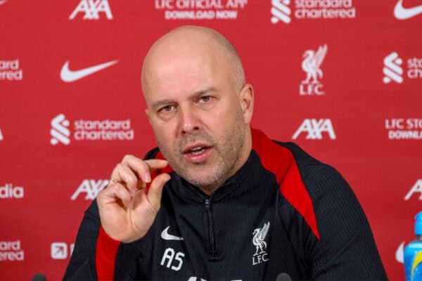 KIRKBY, ENGLAND - Tuesday, February 11, 2025: Liverpool's head coach Arne Slott during a pre-match press conference at the club's AXA Training Centre ahead of the FA Premier League match against Everton FC. (Photo by Propaganda)