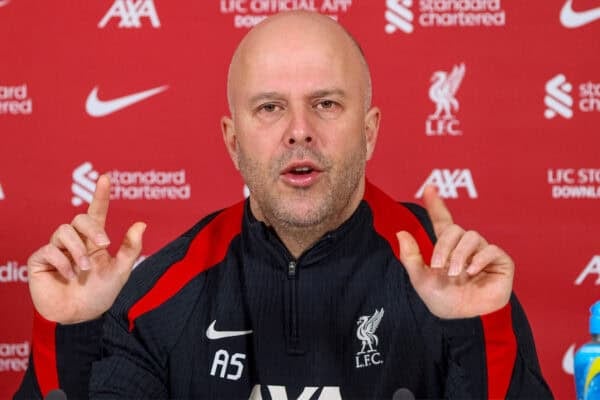 KIRKBY, ENGLAND - Tuesday, February 11, 2025: Liverpool's head coach Arne Slott during a pre-match press conference at the club's AXA Training Centre ahead of the FA Premier League match against Everton FC. (Photo by Propaganda)