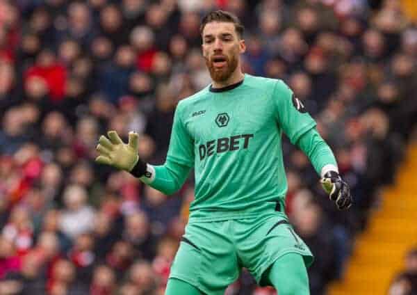 LIVERPOOL, ENGLAND - Sunday, February 16, 2025: Wolverhampton Wanderers' goalkeeper José Sá during the FA Premier League match between Liverpool FC and Wolverhampton Wanderers FC at Anfield. Liverpool won 2-1. (Photo by David Rawcliffe/Propaganda)