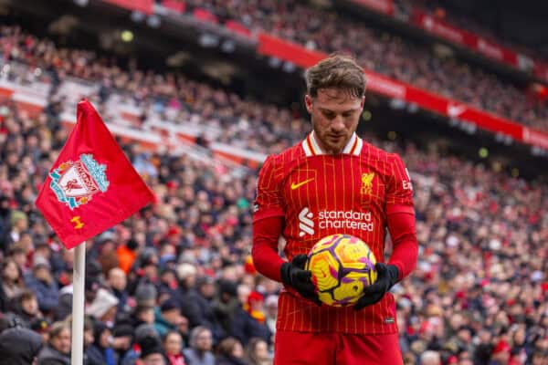 LIVERPOOL, ENGLAND - Sunday, February 16, 2025: Liverpool's Alexis Mac Allister prepares to take a corner-kick during the FA Premier League match between Liverpool FC and Wolverhampton Wanderers FC at Anfield. Liverpool won 2-1. (Photo by David Rawcliffe/Propaganda)