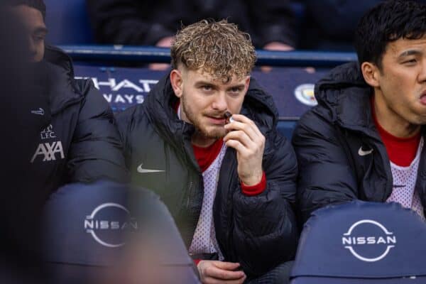 MANCHESTER, ENGLAND - Sunday, February 23, 2025: Liverpool's substitute Harvey Elliott on the bench during the FA Premier League match between Manchester City FC and Liverpool FC at the City of Manchester Stadium. Liverpool won 2-0. (Photo by David Rawcliffe/Propaganda)