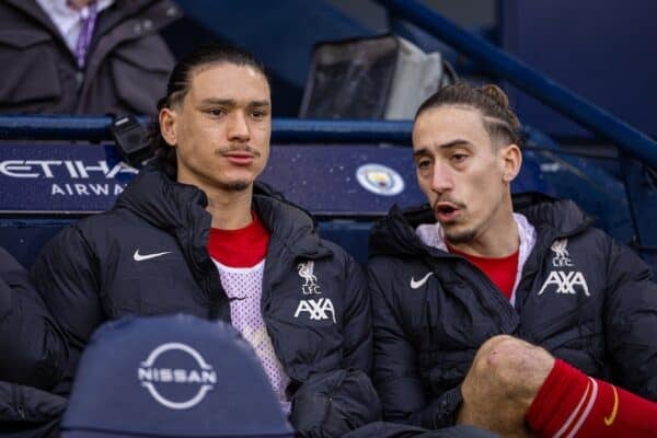 MANCHESTER, ENGLAND - Sunday, February 23, 2025: Liverpool substitutes Darwin Núñez (L) and Kostas Tsimikas on the bench during the FA Premier League match between Manchester City FC and Liverpool FC at the City of Manchester Stadium. Liverpool won 2-0. (Photo by David Rawcliffe/Propaganda)