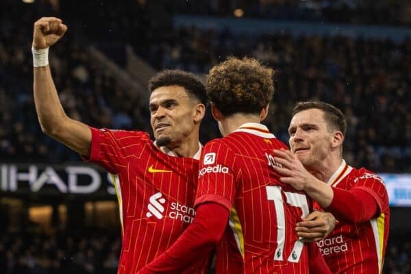 MANCHESTER, ENGLAND - Sunday, February 23, 2025: Liverpool's Curtis Jones (C) celebrates with team-mates Luis Díaz (L) and Andy Robertson (R) after scoring the third goal, but it is disallowed for off-side, during the FA Premier League match between Manchester City FC and Liverpool FC at the City of Manchester Stadium. Liverpool won 2-0. (Photo by David Rawcliffe/Propaganda)