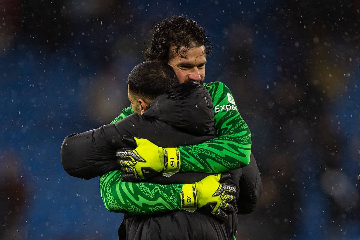 MANCHESTER, ENGLAND - Sunday, February 23, 2025: Liverpool's goalkeeper Alisson Becker celebrates with Mohamed Salah after the FA Premier League match between Manchester City FC and Liverpool FC at the City of Manchester Stadium. Liverpool won 2-0. (Photo by David Rawcliffe/Propaganda)