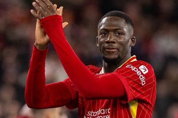 LIVERPOOL, ENGLAND - Wednesday, February 26, 2025: Liverpool's Ibrahima Konaté applauds the supporters after the FA Premier League match between Liverpool FC and Newcastle United FC at Anfield. (Photo by David Rawcliffe/Propaganda)