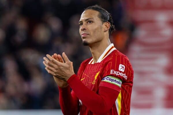 LIVERPOOL, ENGLAND - Wednesday, February 26, 2025: Liverpool's captain Virgil van Dijk celebrates after the FA Premier League match between Liverpool FC and Newcastle United FC at Anfield. Liverpool won 2-0. (Photo by David Rawcliffe/Propaganda)