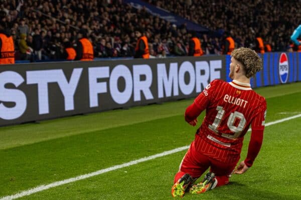 PARIS, FRANCE - Wednesday, March 5, 2025: Liverpool's Harvey Elliott celebrates after scoring the winning goal during the UEFA Champions League Round of 16 1st Leg game between Paris Saint-Germain and Liverpool FC at the Parc des Princes. Liverpool won 1-0. (Photo by David Rawcliffe/Propaganda)