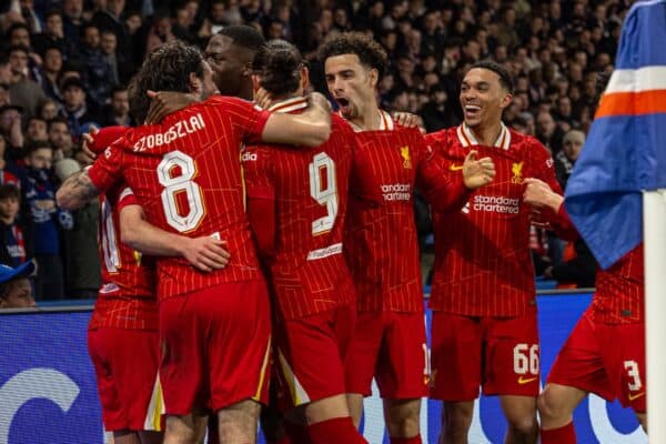 PARIS, FRANCE - Wednesday, March 5, 2025: Liverpool's Harvey Elliott (hidden) celebrates with team-mates after scoring the winning goal during the UEFA Champions League Round of 16 1st Leg game between Paris Saint-Germain and Liverpool FC at the Parc des Princes. Liverpool won 1-0. (Photo by David Rawcliffe/Propaganda)