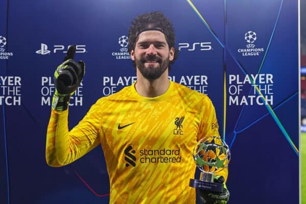 PARIS, FRANCE - Wednesday, March 5, 2025: Liverpool's goalkeeper Alisson Becker with his Player of the Match trophy after the UEFA Champions League Round of 16 1st Leg game between Paris Saint-Germain and Liverpool FC at the Parc des Princes. (Photo by UEFA)
