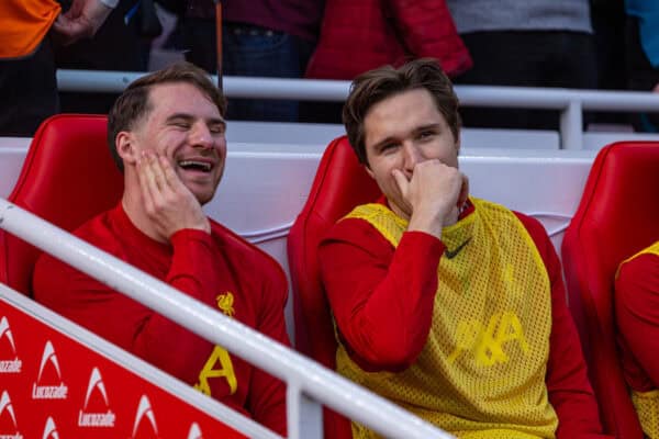 LIVERPOOL, ENGLAND - Saturday, March 8, 2025: Liverpool's substitutes Alexis Mac Allister (L) and Federico Chiesa on the bench before the FA Premier League match between Liverpool FC and Southampton FC at Anfield. Liverpool won 3-1. (Photo by David Rawcliffe/Propaganda)