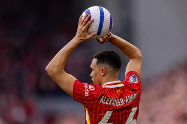 LIVERPOOL, ENGLAND - Saturday, March 8, 2025: Liverpool's Trent Alexander-Arnold takes a throw-in during the FA Premier League match between Liverpool FC and Southampton FC at Anfield. Liverpool won 3-1. (Photo by David Rawcliffe/Propaganda)