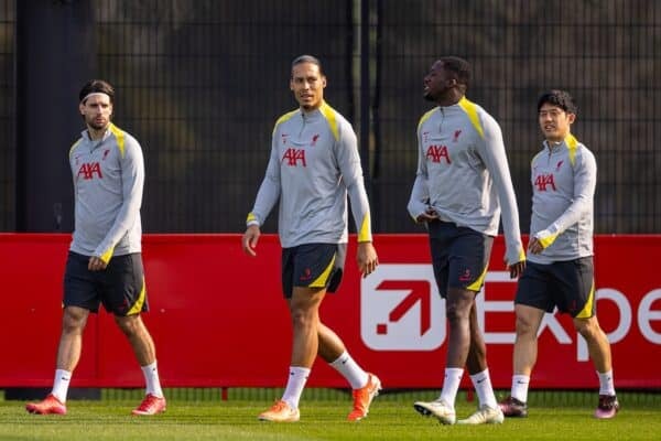 LIVERPOOL, ENGLAND - Monday, March 10, 2025: Liverpool's Dominik Szoboszlai, captain Virgil van Dijk, Ibrahima Konaté and Wataru Endo during a training session at the AXA Training Centre ahead of the UEFA Champions League Round of 16 2nd Leg match between Liverpool FC and Paris Saint-Germain. (Photo by David Rawcliffe/Propaganda)
