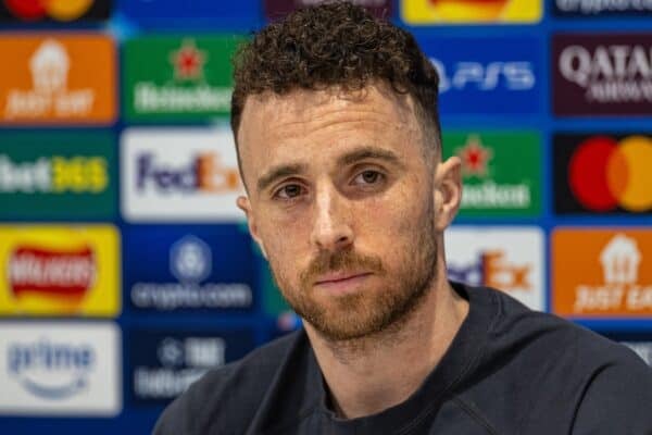 LIVERPOOL, ENGLAND - Monday, March 10, 2025: Liverpool's Diogo Jota during a press conference at Anfield ahead of the UEFA Champions League Round of 16 2nd Leg match between Liverpool FC and Paris Saint-Germain. (Photo by David Rawcliffe/Propaganda)