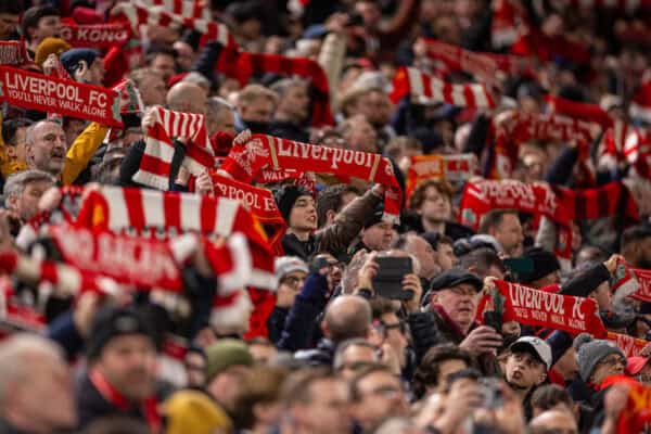 LIVERPOOL, ENGLAND - Tuesday, March 11, 2025: Liverpool supporters sing "You'll Never Walk Alone" before the UEFA Champions League Round of 16 2nd Leg match between Liverpool FC and Paris Saint-Germain FC at Anfield. The tie ended 1-1 on aggregate, PSG won 4-1 on penalties. (Photo by David Rawcliffe/Propaganda)