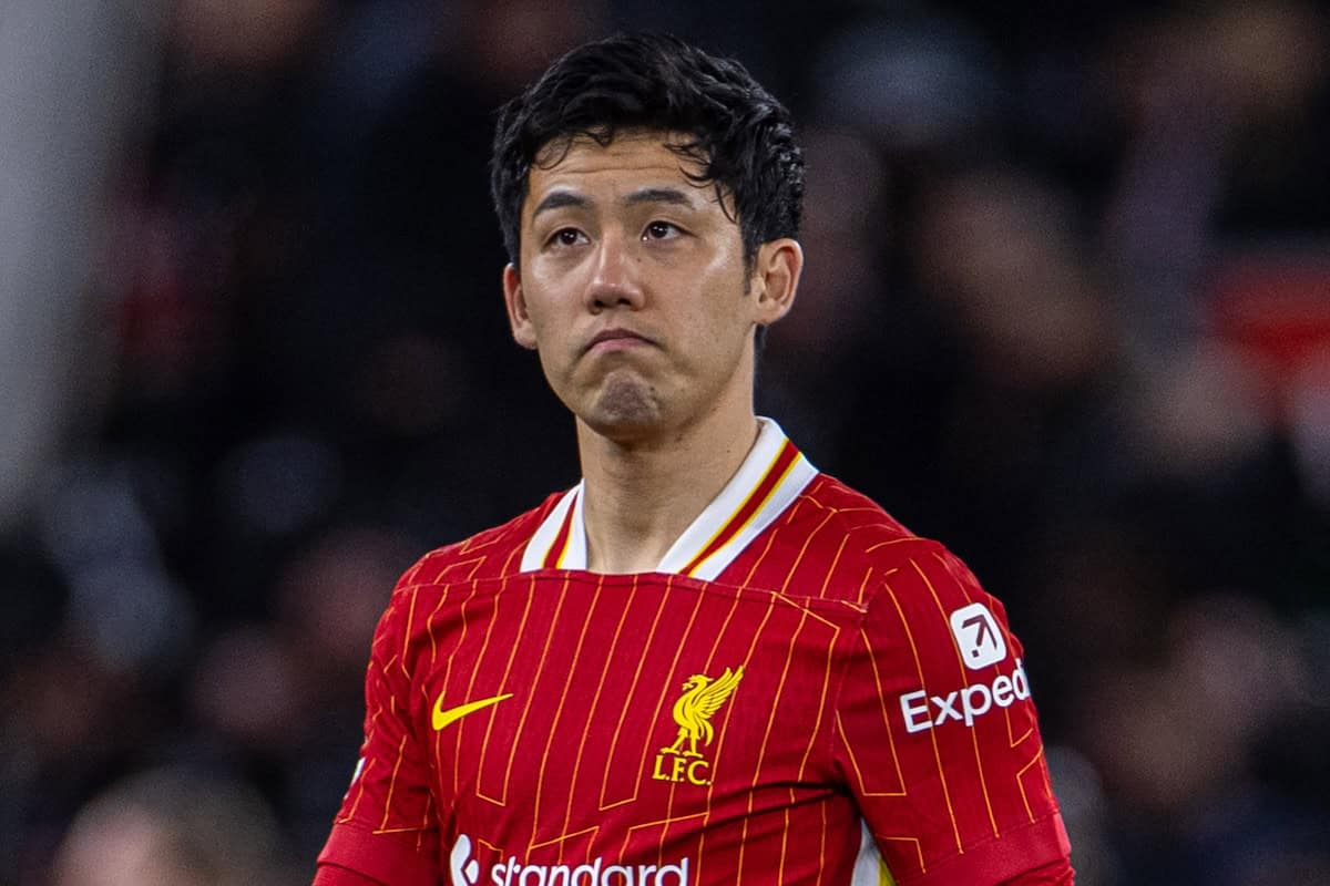 LIVERPOOL, ENGLAND - Tuesday, March 11, 2025: Liverpool's Wataru Endo walks off after the UEFA Champions League Round of 16 2nd Leg match between Liverpool FC and Paris Saint-Germain FC at Anfield. The tie ended 1-1 on aggregate, PSG won 4-1 on penalties. (Photo by David Rawcliffe/Propaganda)