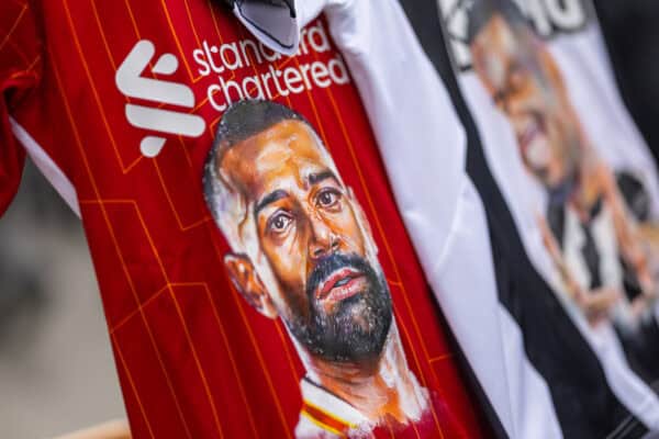 LONDON, ENGLAND - Sunday, March 16, 2025: A painting of Liverpool's Mohamed Salah on a shirt seen before the Football League Cup Final match between Liverpool FC and Newcastle United FC at Wembley Stadium. Newcastle United won 2-1. (Photo by Harry Murphy/Propaganda)