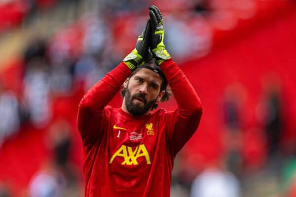 LONDON, ENGLAND - Sunday, March 16, 2025: Liverpool's goalkeeper Alisson Becker during the pre-match warm-up before the Football League Cup Final match between Liverpool FC and Newcastle United FC at Wembley Stadium. Newcastle United won 2-1. (Photo by Harry Murphy/Propaganda)