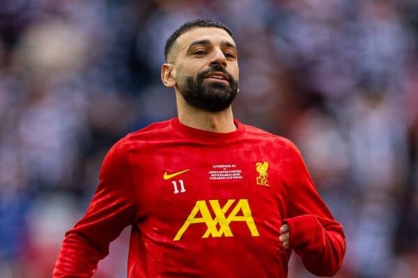 LONDON, ENGLAND - Sunday, March 16, 2025: Liverpool's Mohamed Salah during the pre-match warm-up before the Football League Cup Final match between Liverpool FC and Newcastle United FC at Wembley Stadium. Newcastle United won 2-1. (Photo by Harry Murphy/Propaganda)