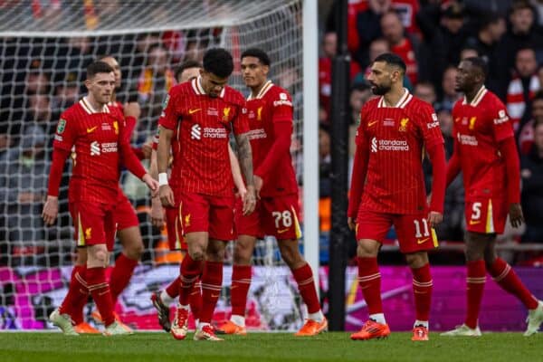 LONDON, ENGLAND - Sunday, March 16, 2025: Liverpool players react as Newcastle United score the opening goal during the Football League Cup Final match between Liverpool FC and Newcastle United FC at Wembley Stadium. Newcastle United won 2-1. (Photo by Harry Murphy/Propaganda)