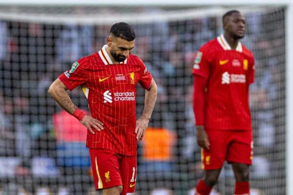 LONDON, ENGLAND - Sunday, March 16, 2025: Liverpool’s Mohamed Salah looks dejected as Newcastle United score the second goal during the Football League Cup Final match between Liverpool FC and Newcastle United FC at Wembley Stadium. Newcastle United won 2-1. (Photo by Harry Murphy/Propaganda)