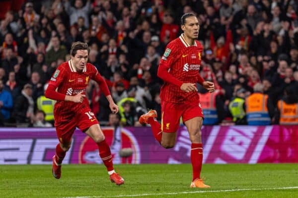 LONDON, ENGLAND - Sunday, March 16, 2025: Liverpool’s Federico Chiesa celebrates after scoring his side's late consolation goal during the Football League Cup Final match between Liverpool FC and Newcastle United FC at Wembley Stadium. Newcastle United won 2-1. (Photo by Harry Murphy/Propaganda)