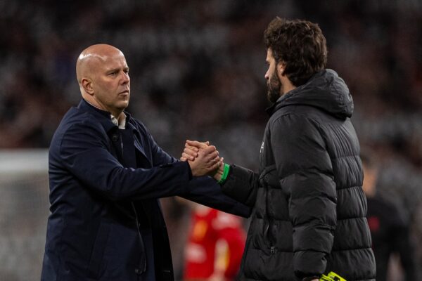 LONDON, ENGLAND - Sunday, March 16, 2025: Liverpool’s head coach Arne Slot and Alisson Becker after the Football League Cup Final match between Liverpool FC and Newcastle United FC at Wembley Stadium. Newcastle United won 2-1. (Photo by Harry Murphy/Propaganda)