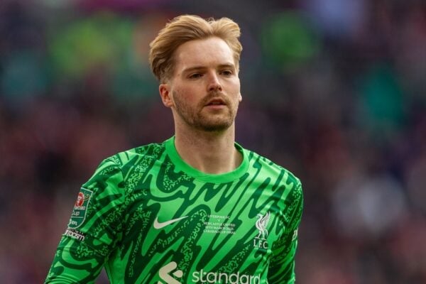 LONDON, ENGLAND - Sunday, March 16, 2025: Liverpool's goalkeeper Caoimhin Kelleher during the Football League Cup Final match between Liverpool FC and Newcastle United FC at Wembley Stadium. Newcastle United won 2-1. (Photo by David Rawcliffe/Propaganda)