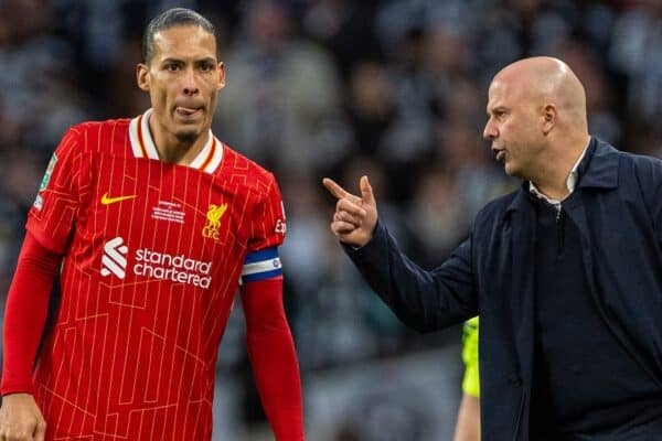 LONDON, ENGLAND - Sunday, March 16, 2025: Liverpool's captain Virgil van Dijk (L) and head coach Arne Slot during the Football League Cup Final match between Liverpool FC and Newcastle United FC at Wembley Stadium. Newcastle United won 2-1. (Photo by David Rawcliffe/Propaganda)