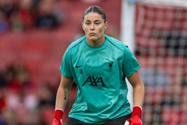 LONDON, ENGLAND - Saturday, March 22, 2025: Liverpool's goalkeeper Teagan Micah during the pre-match warm-up before the FA Women’s Super League match between Arsenal FC Women and Liverpool FC Women at the Emirates Stadium. Arsenal won 4-0. (Photo by David Rawcliffe/Propaganda)