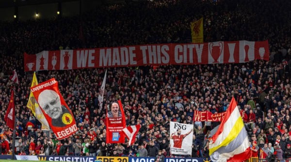 LIVERPOOL, ENGLAND - Wednesday, April 2, 2025: Liverpool supporters’ banner “We Made This City” on the Spion Kop before the FA Premier League match between Liverpool FC and Everton FC, the 246th Merseyside Derby, at Anfield. Liverpool won 1-0. (Photo by David Rawcliffe/Propaganda)