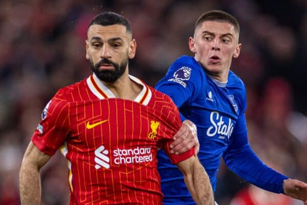 LIVERPOOL, ENGLAND - Wednesday, April 2, 2025: Liverpool's Mohamed Salah (L) is challenged by Everton's Vitaliy Mykolenko during the FA Premier League match between Liverpool FC and Everton FC, the 246th Merseyside Derby, at Anfield. Liverpool won 1-0. (Photo by David Rawcliffe/Propaganda)