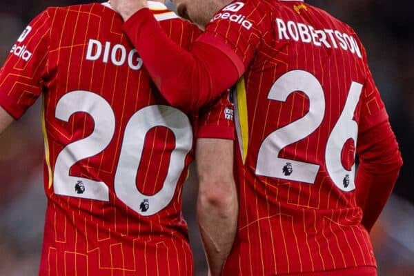 LIVERPOOL, ENGLAND - Wednesday, April 2, 2025: Liverpool's Diogo Jota celebrates with team-mate Andy Robertson (R) after scoring the winning goal during the FA Premier League match between Liverpool FC and Everton FC, the 246th Merseyside Derby, at Anfield. Liverpool won 1-0. (Photo by David Rawcliffe/Propaganda)