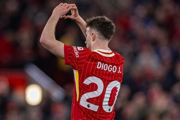 LIVERPOOL, ENGLAND - Wednesday, April 2, 2025: Liverpool's Diogo Jota celebrates after scoring the winning goal during the FA Premier League match between Liverpool FC and Everton FC, the 246th Merseyside Derby, at Anfield. Liverpool won 1-0. (Photo by David Rawcliffe/Propaganda)