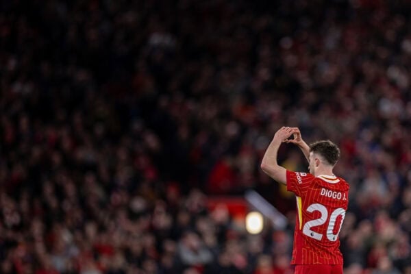 LIVERPOOL, ENGLAND - Wednesday, April 2, 2025: Liverpool's Diogo Jota celebrates after scoring the winning goal during the FA Premier League match between Liverpool FC and Everton FC, the 246th Merseyside Derby, at Anfield. Liverpool won 1-0. (Photo by David Rawcliffe/Propaganda)