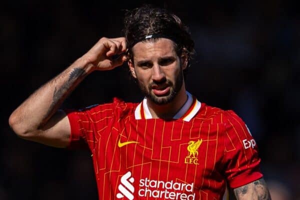LONDON, ENGLAND - Sunday, April 6, 2025: Liverpool's Dominik Szoboszlai during the FA Premier League match between Fulham FC and Liverpool FC at Craven Cottage. Fulham won 3-2. (Photo by David Rawcliffe/Propaganda)