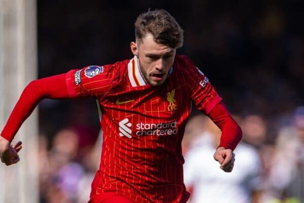 LONDON, ENGLAND - Sunday, April 6, 2025: Liverpool's Conor Bradley during the FA Premier League match between Fulham FC and Liverpool FC at Craven Cottage. Fulham won 3-2. (Photo by David Rawcliffe/Propaganda)