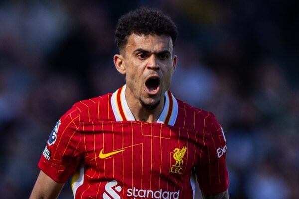 LONDON, ENGLAND - Sunday, April 6, 2025: Liverpool's Luis Díaz celebrates after scoring his side's second goal to make the score 3-2 during the FA Premier League match between Fulham FC and Liverpool FC at Craven Cottage. Fulham won 3-2. (Photo by David Rawcliffe/Propaganda)