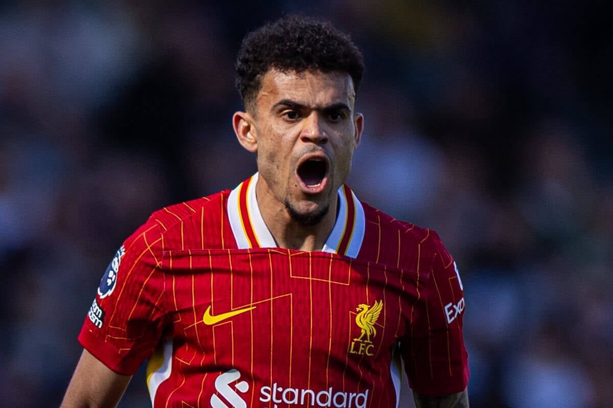 LONDON, ENGLAND - Sunday, April 6, 2025: Liverpool's Luis Díaz celebrates after scoring his side's second goal to make the score 3-2 during the FA Premier League match between Fulham FC and Liverpool FC at Craven Cottage. Fulham won 3-2. (Photo by David Rawcliffe/Propaganda)