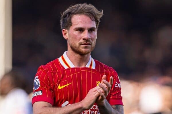 LONDON, ENGLAND - Sunday, April 6, 2025: Liverpool's Alexis Mac Allister applauds the supporters after the FA Premier League match between Fulham FC and Liverpool FC at Craven Cottage. Fulham won 3-2. (Photo by David Rawcliffe/Propaganda)