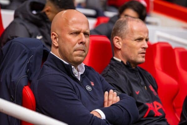 LIVERPOOL, ENGLAND - Sunday, April 13, 2025: Liverpool's head coach Arne Slot on the bench before the FA Premier League match between Liverpool FC and West Ham United FC at Anfield. Liverpool won 2-1. (Photo by David Rawcliffe/Propaganda)