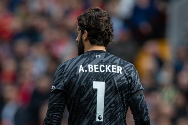 LIVERPOOL, ENGLAND - Sunday, April 13, 2025: Liverpool's goalkeeper Alisson Becker during the FA Premier League match between Liverpool FC and West Ham United FC at Anfield. Liverpool won 2-1. (Photo by David Rawcliffe/Propaganda)