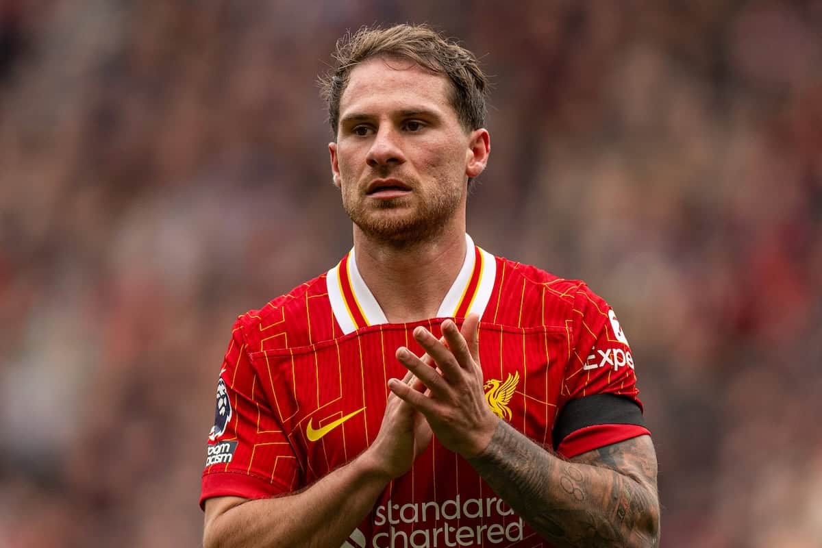 LIVERPOOL, ENGLAND - Sunday, April 13, 2025: Liverpool's Alexis Mac Allister during the FA Premier League match between Liverpool FC and West Ham United FC at Anfield. Liverpool won 2-1. (Photo by David Rawcliffe/Propaganda)