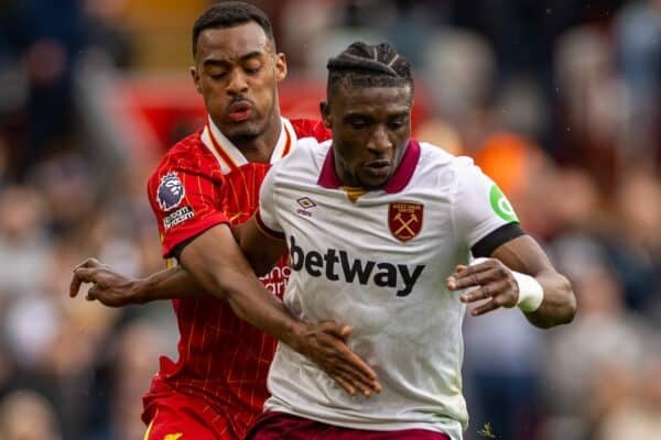 LIVERPOOL, ENGLAND - Sunday, April 13, 2025: Liverpool's Ryan Gravenberch (L) challenges West Ham United's Mohammed Kudus during the FA Premier League match between Liverpool FC and West Ham United FC at Anfield. Liverpool won 2-1. (Photo by David Rawcliffe/Propaganda)
