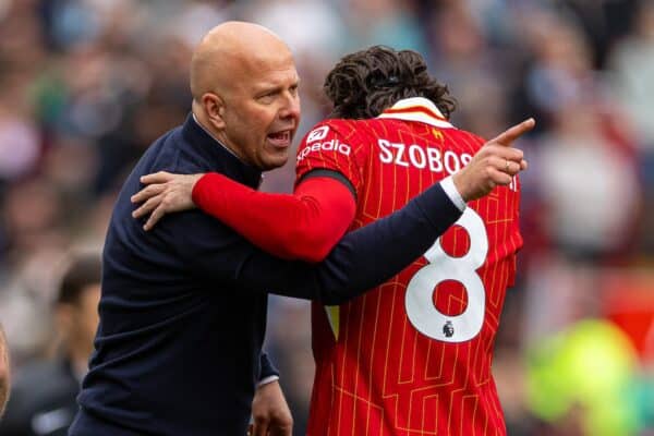 LIVERPOOL, ENGLAND - Sunday, April 13, 2025: Liverpool's head coach Arne Slot gives instructions to Dominik Szoboszlai during the FA Premier League match between Liverpool FC and West Ham United FC at Anfield. Liverpool won 2-1. (Photo by David Rawcliffe/Propaganda)