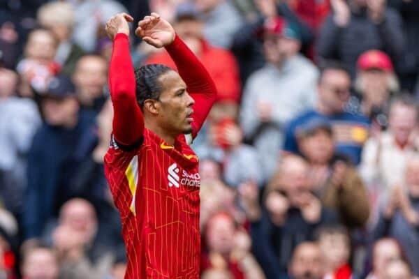 LIVERPOOL, ENGLAND - Sunday, April 13, 2025: Liverpool's captain Virgil van Dijk celebrates after scoring the winning second goal during the FA Premier League match between Liverpool FC and West Ham United FC at Anfield. Liverpool won 2-1. (Photo by David Rawcliffe/Propaganda)