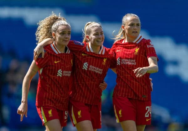BRIGHTON & HOVE, ENGLAND - Saturday, April 19, 2025: Liverpool's Leanne Kiernan celebrates with team-mates Marie Höbinger (C) and Sam Kerr (R) after scoring her side's second goal during the FA Women’s Super League match between Brighton & Hove Albion FC Women and Liverpool FC Women at the AMEX Community Stadium. Liverpool won 2-1. (Photo by David Rawcliffe/Propaganda)