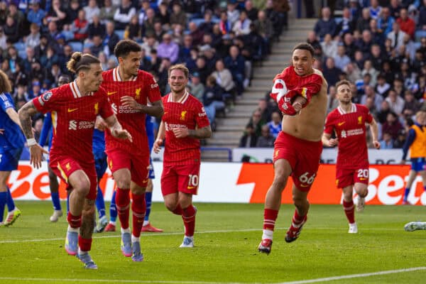 LEICESTER, ENGLAND - Sunday, April 20, 2025: Liverpool's substitute Trent Alexander-Arnold takes off his shirt as he celebrates scoring the winning goal during the FA Premier League match between Leicester City FC and Liverpool FC at the King Power Stadium. Liverpool won 1-0. (Photo by David Rawcliffe/Propaganda)